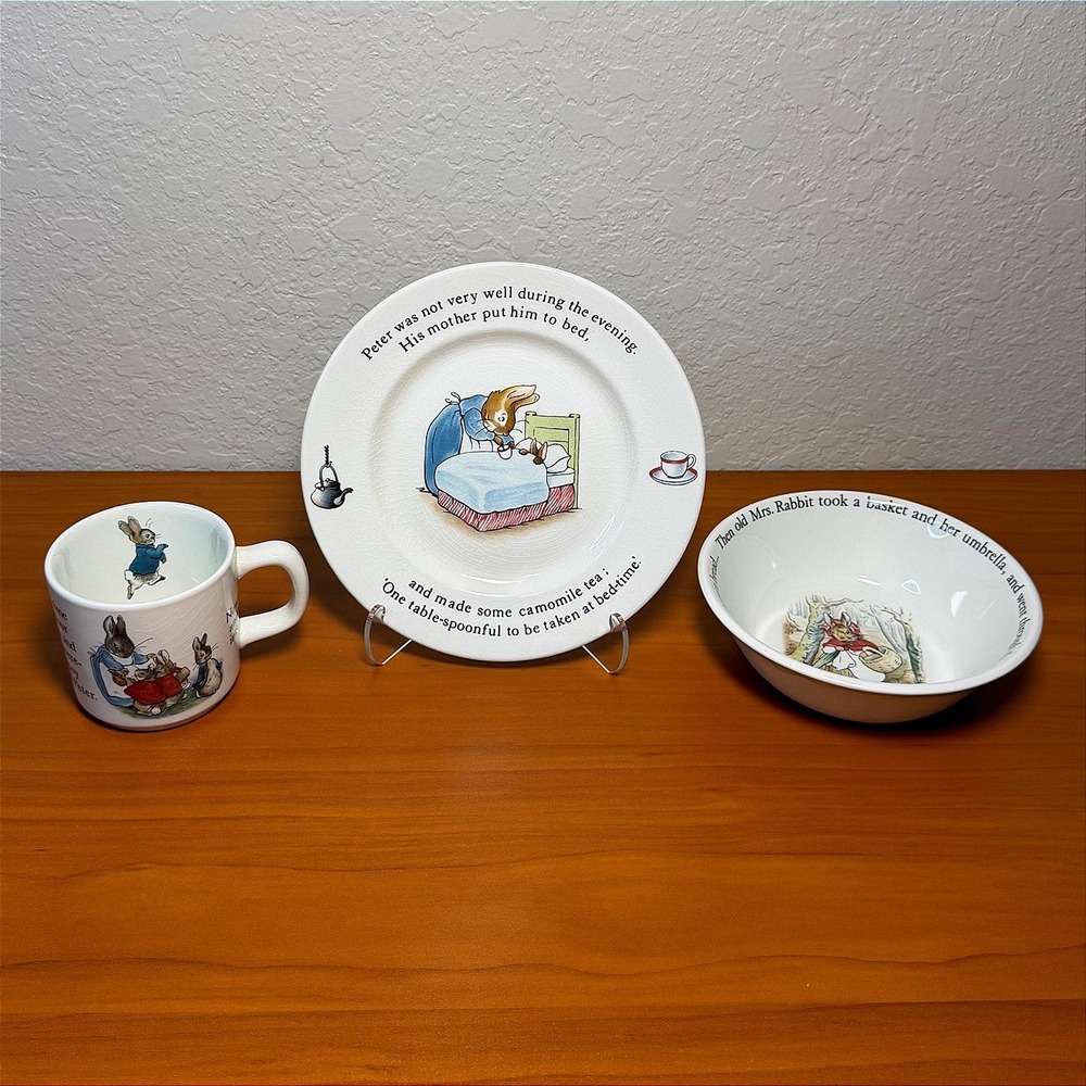 Wedgwood Peter Rabbit 3 Piece Nursery Set Plate Bowl Mug Beatrix Potter England